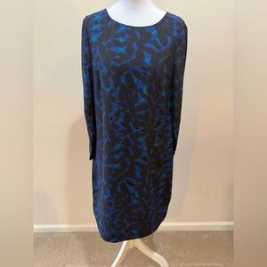 J. Crew Blue and Black Gallery Shift Dress Leaf Floral Design Size 6 Mod Style